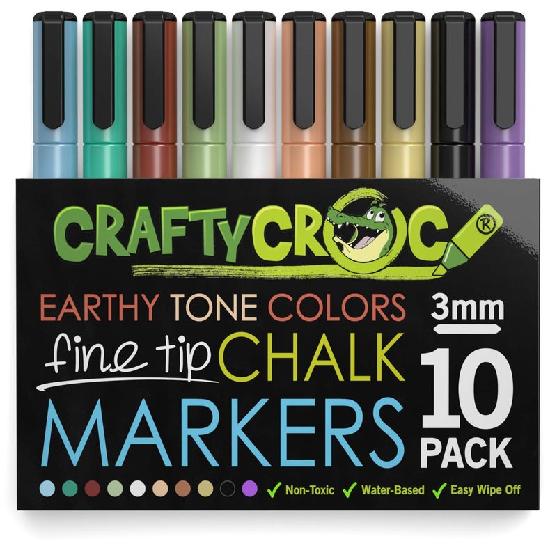Crafty Croc Fine Tip Chalk Markers - (Precise 3mm Tip, 10 Earth Tone Colors) - Erasable Dustless Liquid Chalk Ink Pens, Water-Based, Non-Toxic - Image 1
